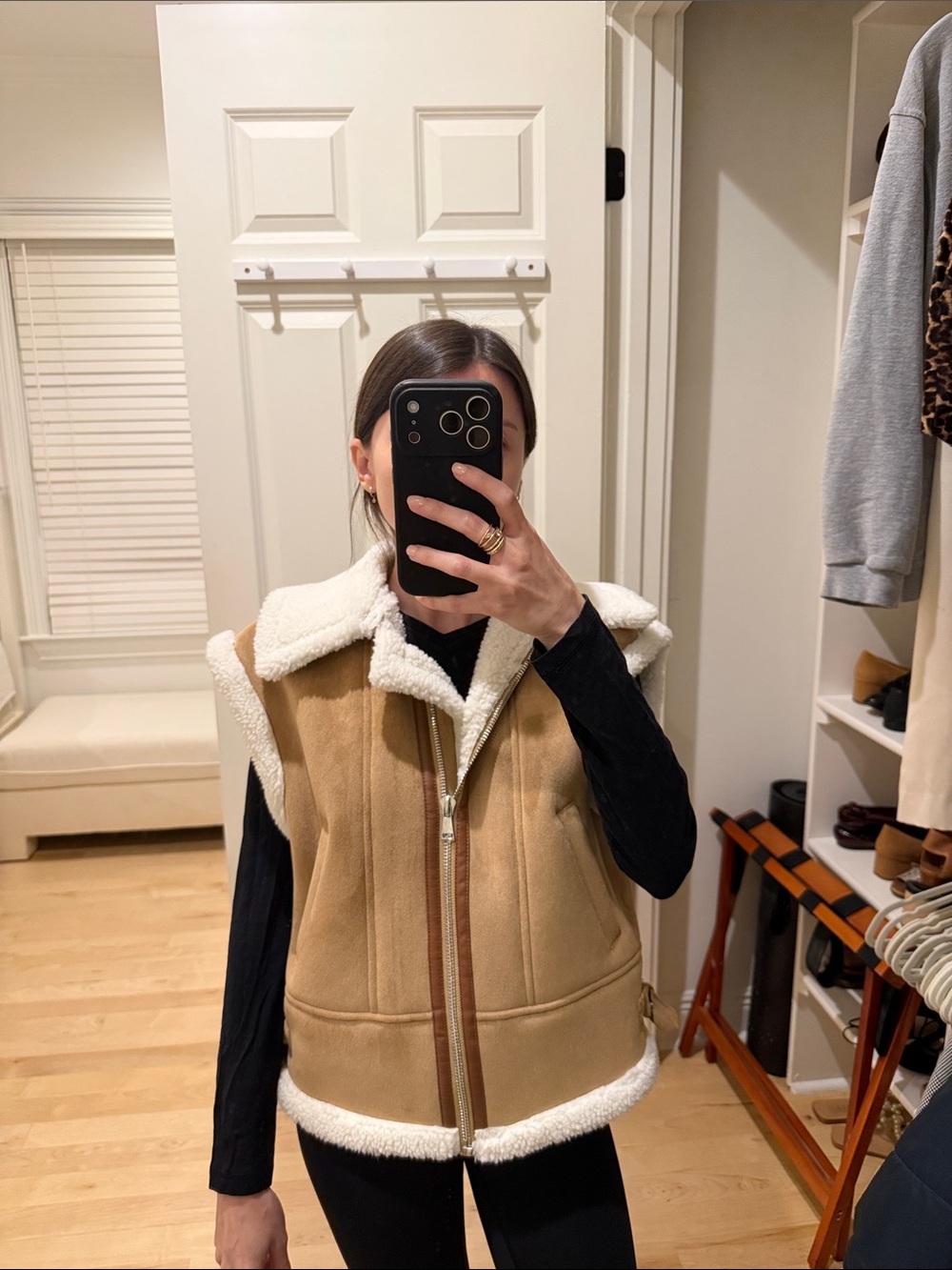 Zara Tan Faux Suede & Shearling-Trim Zip Front Vest